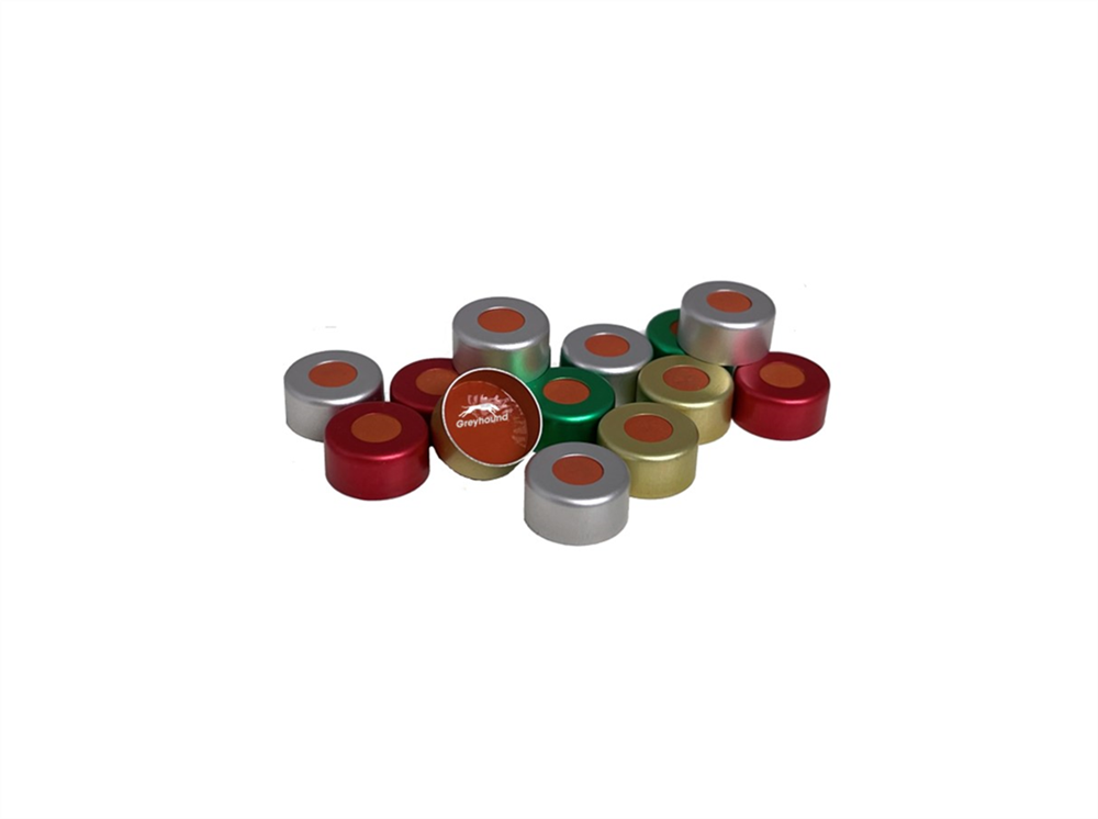Picture of 11mm Aluminium Crimp Cap, Red with Natural Rubber/Butyl/PTFE Septa, 1mm, (Shore A 45)